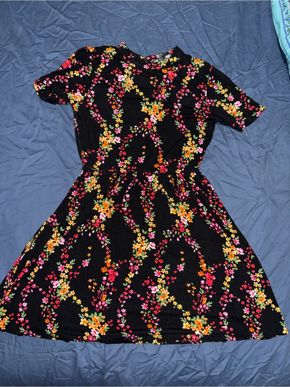 Forever 21 Black Floral Short-Sleeve Dress with Pink, Orange and Yellow Blossoms